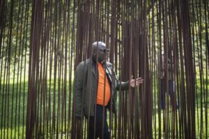 IMAGE SOURCE: EPA  Visitors explore a piece by Adelheid von Maltitz at a sculpture park in Johannesburg, South Africa.