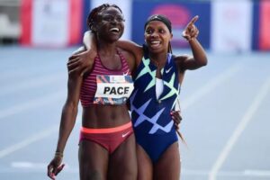 IMAGE SOURCE:AFP Noélie Yarigo Pace of Benin (L) and Prudence Sekgodiso wait for their race times after the 800m event at the Kip Keino Classic in Kenya on Saturday. They finished ninth and first respectively.