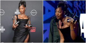 Temilade 'Tems' Openiyi clinches the Best International Act award at BET 2022.